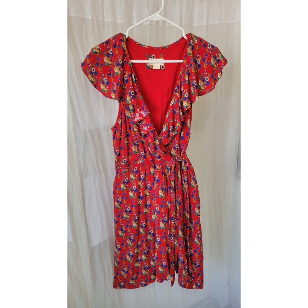 Anthropologie Maeve Rosalia Wrap Dress Red Floral Print Size 14 Cottagecore